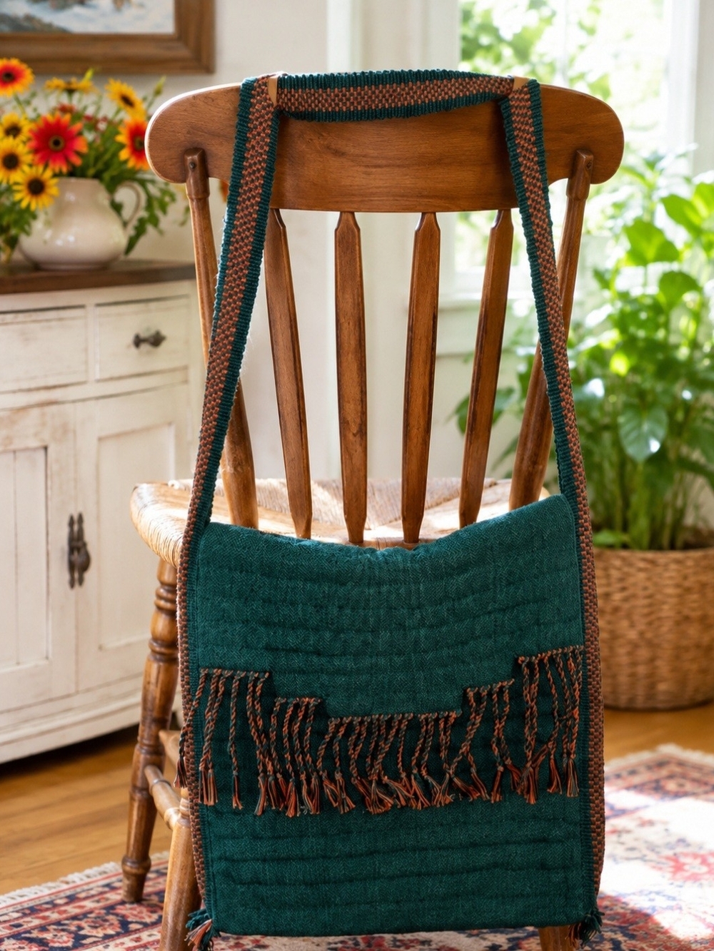 Green/Peach Quilted Fabric Fringe Crossbody Bag